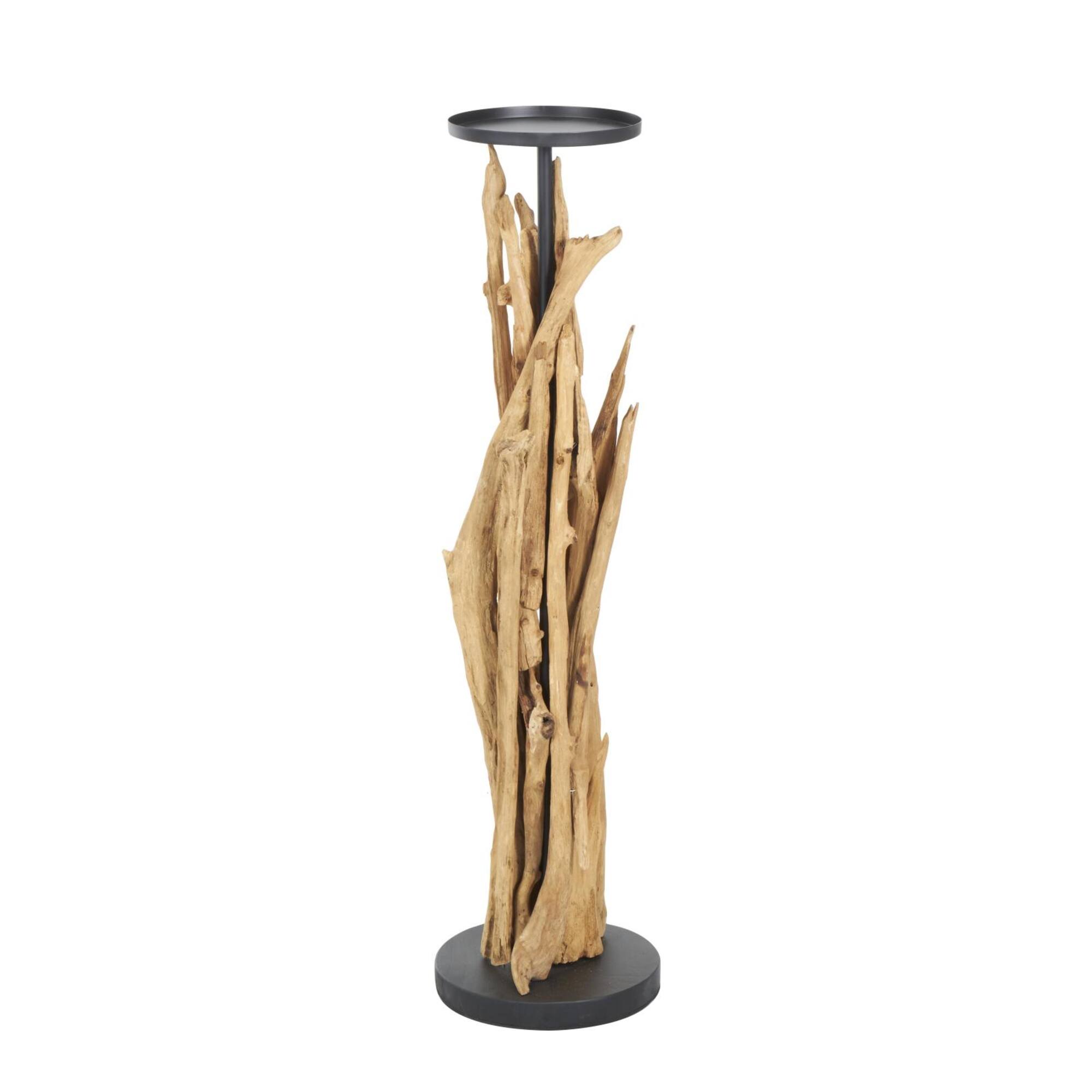 39" Brown Teak Wood Handmade Tall Tree Branch Floor Candle Holder with Black Metal Accents